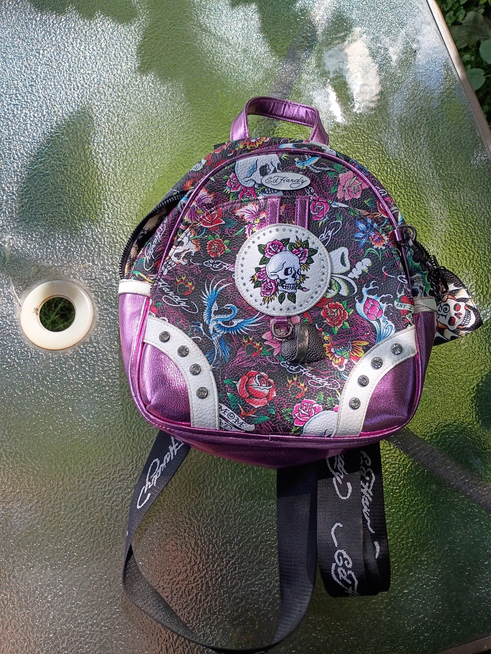 Ed Hardy Vintage Y2K Backpack Metallic Purple Rhinestone Skull